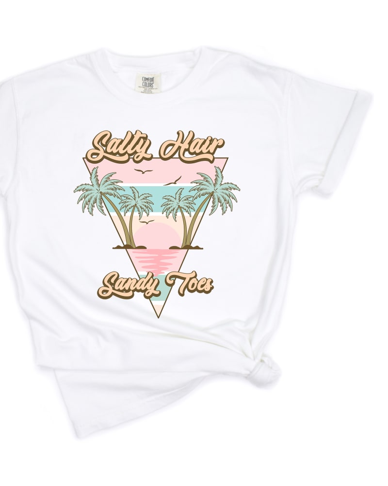 Front of a size L Salty Hair Sandy Toes Triangle Garment Dyed Tee in White by Simply Sage Market. | dia_product_style_image_id:296484